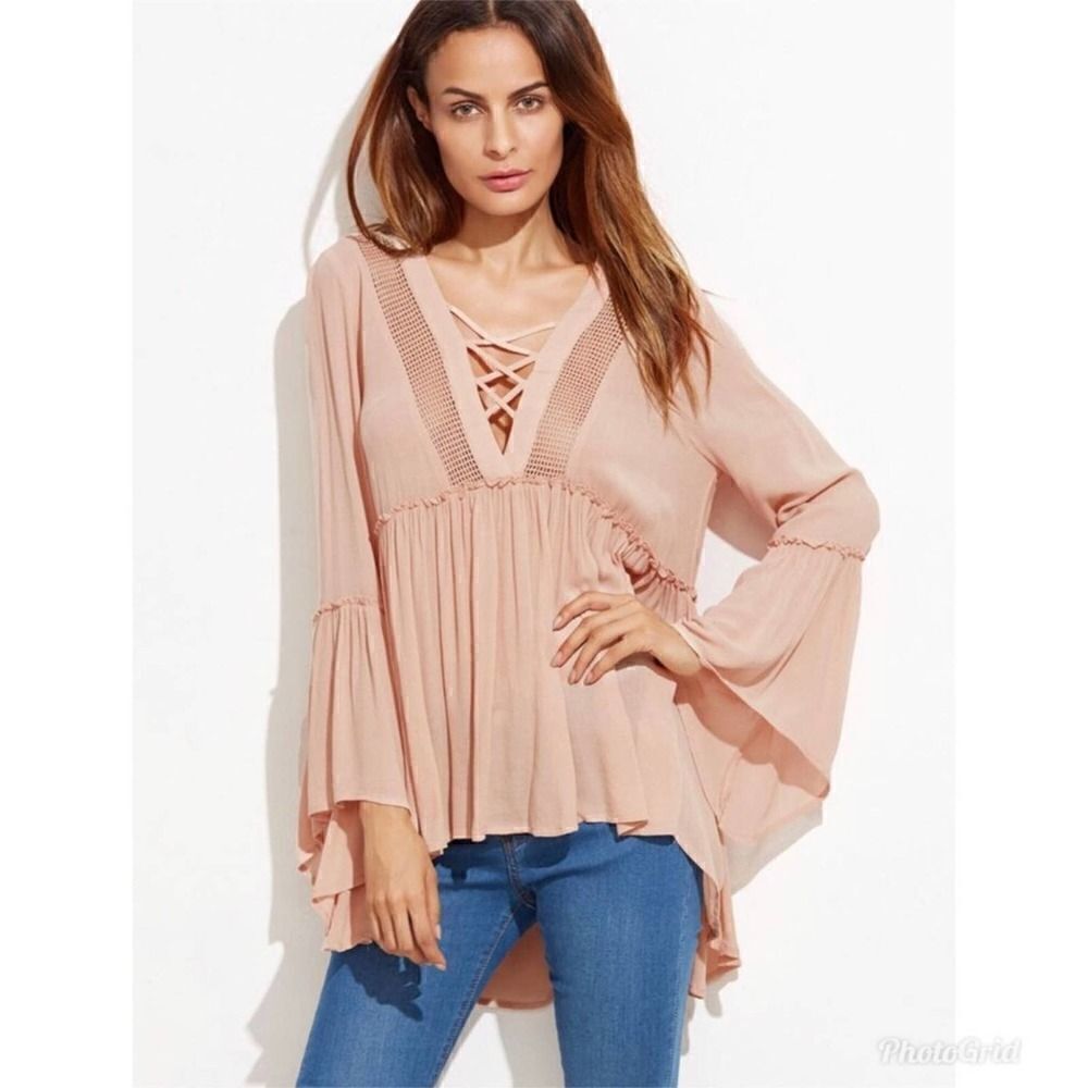 2/$20 Forever 21 Bell Sleeve Criss Cross Dip Hem Hollow Boho Hippie Blouse